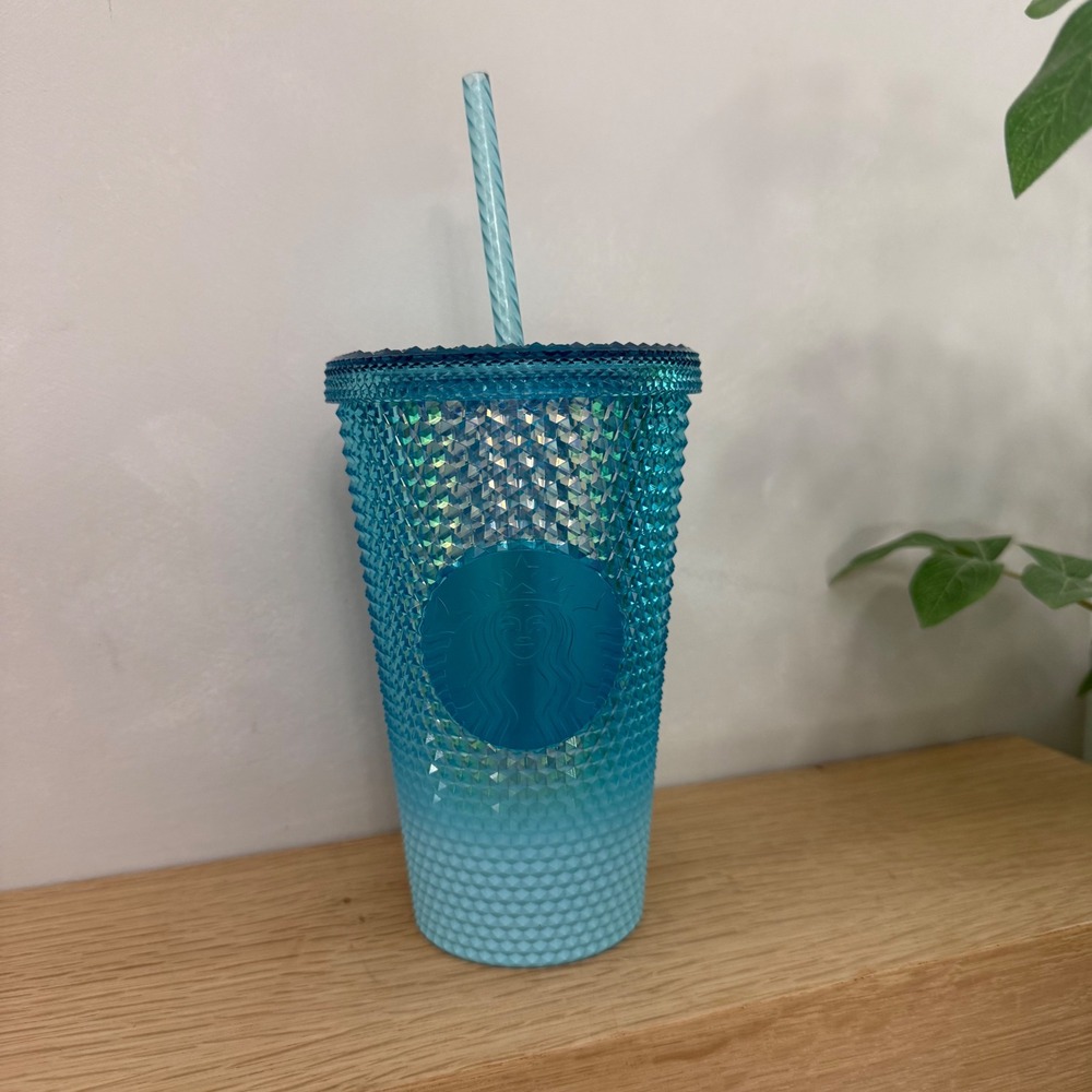 Starbucks Blue Ombre Studded Grid Tumbler 16oz Cold Cup with Straw Iridescent